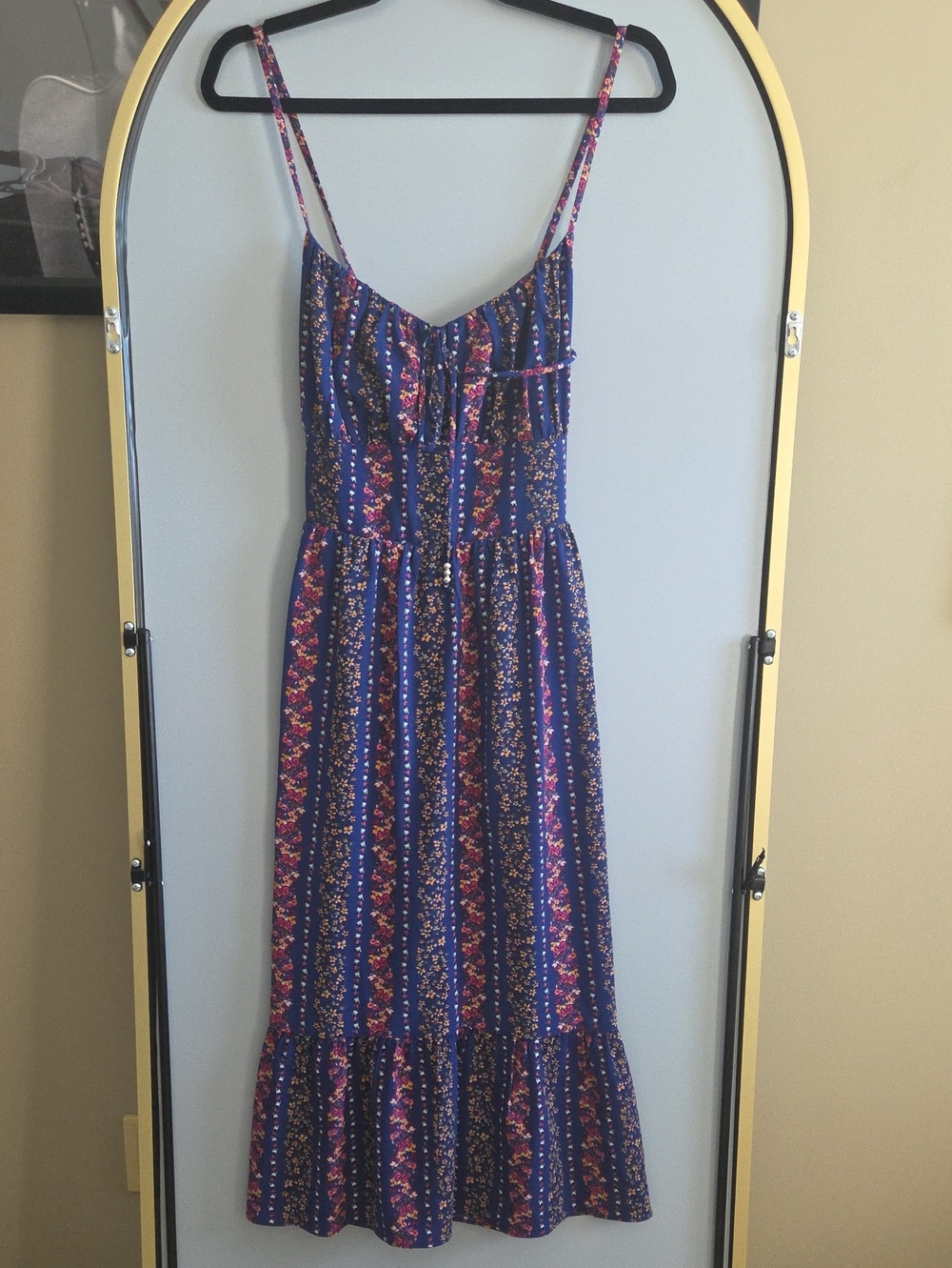 Floral Stripe Navy Midi Sundress with Spaghetti Straps